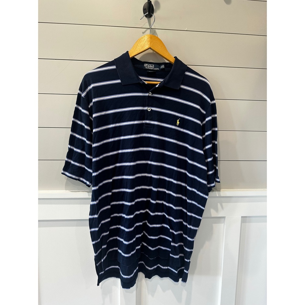 Polo Ralph Lauren Mens Large Navy Blue Striped Pima Cotton Golf Fit Polo Shirt